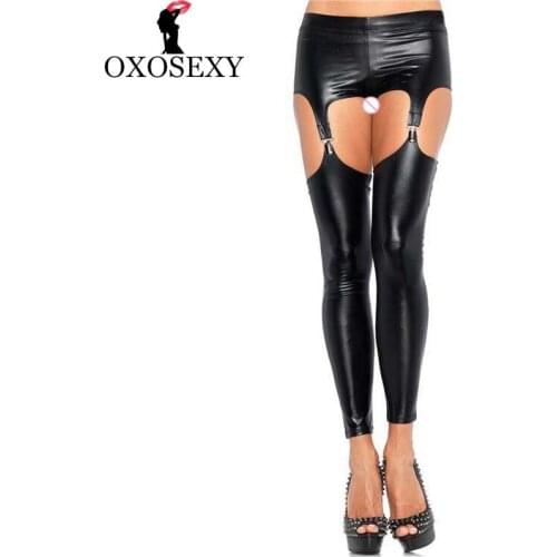 Women black leather pants open crotch leggings pole dance open crotch pants sexy lady pants garter belt sex products 547