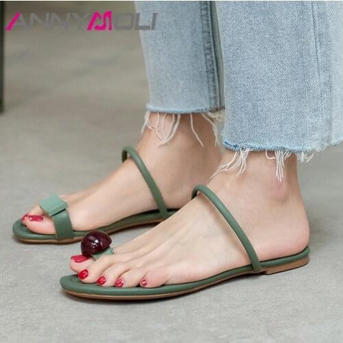 ANNYMOLI Slippers Shoes Women Real Leather Thong Sandals Flat Narrow Band Sandals Round Toe Cow Leather Lady Footwear Summer