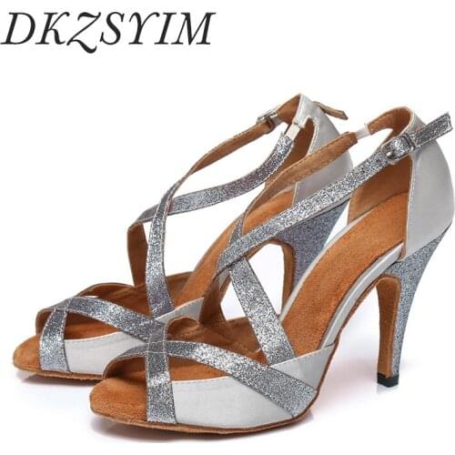 DKZSYIM Silver Latin Dance Shoes Women High Quality Professional Ballroom Dancing Sandals Soft Sole Tango Dance Shoes High Heels
