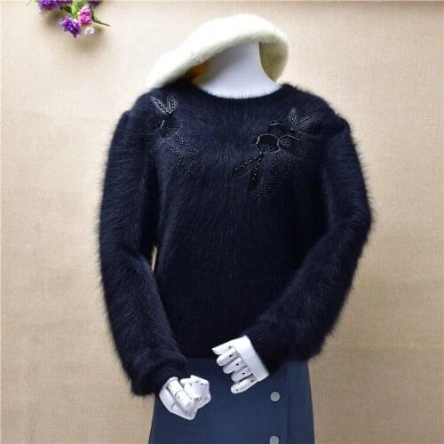 2020 ladies women vintage beading embroidery black o-neck angora rabbit fur knitted pullover mink cashmere winter jumper pull