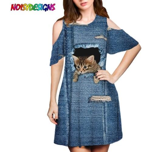 NOISYDESIGNS Summer Blue Denim Cat Print Short Dress Women 2021 Chic Party Dresses Beach Elegant Sweet Dress Clothes For Women