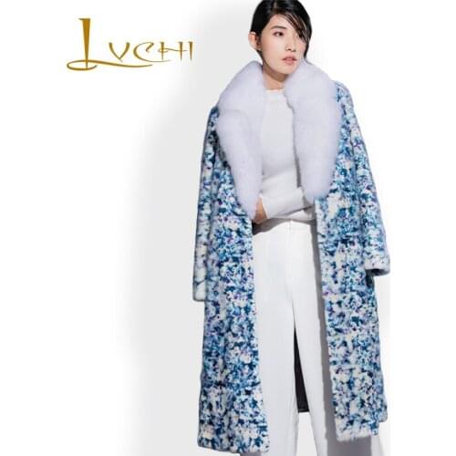 LVCHI Oral Imports Of High-grade Mink Real Fur Coat Fashion Women Blue and White Porcelain Style Floral Patchwork Fur Warm Coats