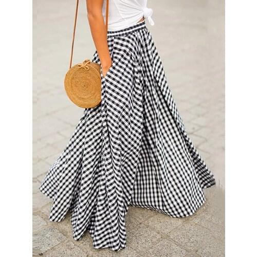 Womens Long Skirts 2021 Vintage Plaid Check High Waist Slim Skirt Zipper Pleated Bohemian Jupe Femme Casual Pockets Maxi Skirts