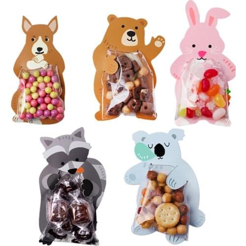 50pcs Cookie Packaging Cute Candy Rabbit Bear Fox Cartoon Plastic Bags For Biscuits Snack Baking Package With Card Head