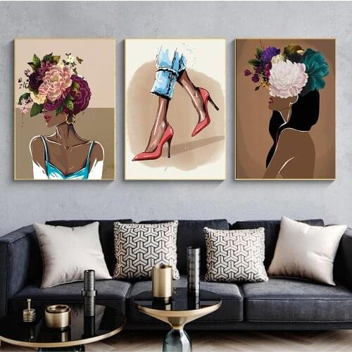 Africa Black Woman flower Head Nordic Poster And Print Wall Art Abstract Canvas Painting Fashion Wall Pictures For Living Room