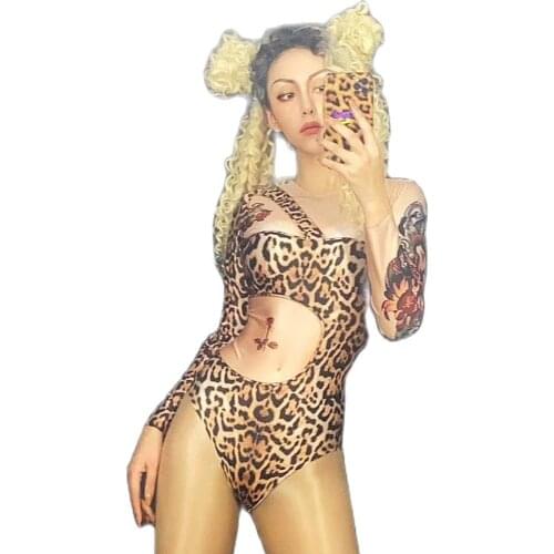 Leopard Print Asymmetrical Women Bodysuits Tight Stretch Floral Pattern Jumpsuits Nightclub Singer Dancer Performance Stage Wear