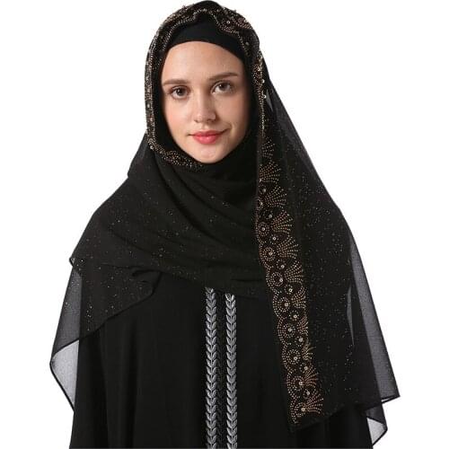 Glitter Chiffon Arab Black Muslim Hijabs Shawl Shinny Diamonds Prayer Pashmina Wraps Turban IslamRamadan Modest Women Head Scarf