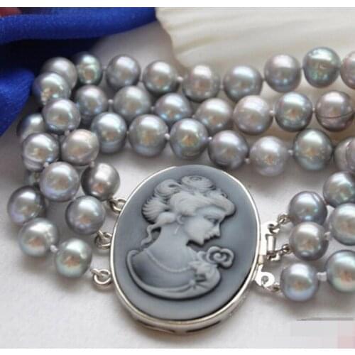 Free Shipping 3row 8" GRAY ROUND FRESHWATER PEARL BRACELET