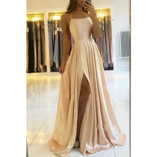 Womens Straps Prom Dress Long High Split Satin Evening Gowns Prom Spaghetti Formal Party Bridesmaid Dresses For Wedding