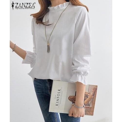 Elegant Ruffle Tops Womens Spring Bloues ZANZEA 2021 Casual Long Sleeve Blusas Female Solid Tunic Basic Top Chemise