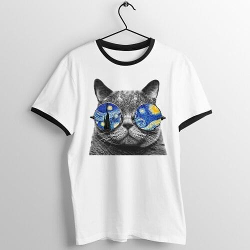 T Shirt Unisex Black Trim Van Gogh Cat Starry Night Awesome Printed Tee