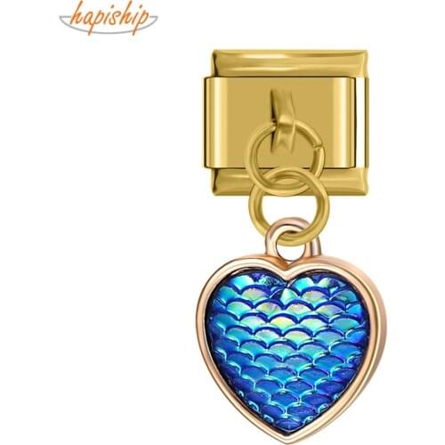 Hapiship 2019 Original Daisy Gold Heart Mermaid Fish Scales Italian Charm Fit 9mm Bracelet Stainless Steel Jewelry Making DJ147