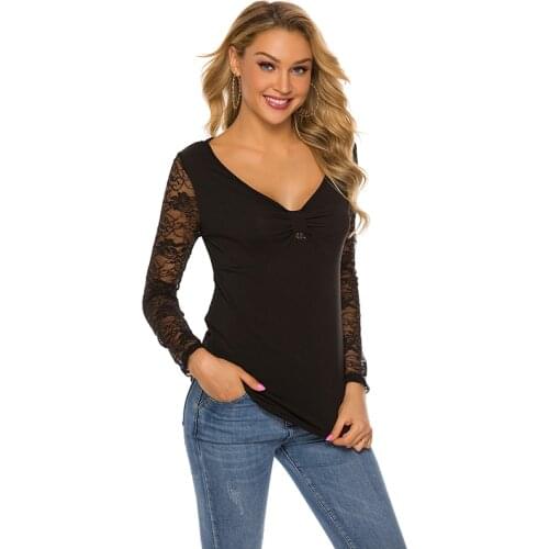 Summer Women T Shirt Lace V Neck Patchwork Wrinkled Long Sleeved Autumn Tops Fashion Solid Color Casual T Shirt
