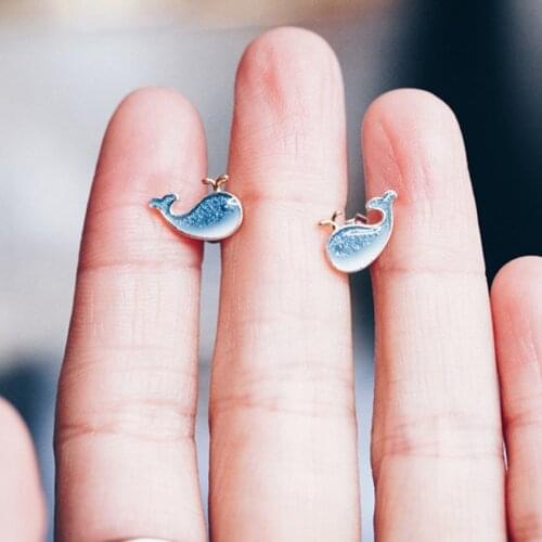 Fashion Cute Little Blue Whale Stud Earrings Water Spray Creative Unique Fine Silvery Jewelry For Women Statement Birthday Gifts