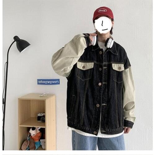 Male Harajuku Baggy Jacket Korean Fashion Mens Patchwork Jeans Jackets 2021 Men Oversized Streetwear Denim Jacket Coats