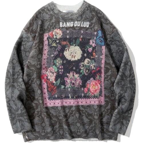 2021 Brand Sweater Men Harajuku Hip Hop Flower Streetwear Men Clothing Pullover O-Neck Oversize Fashion Casual Male Sweaters