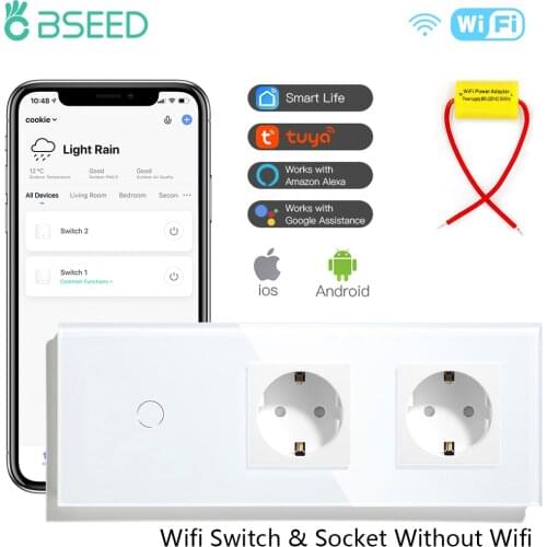 BSEED Wifi Light Switch Double Sockets Without Wifi Wall Touch Switch Single Live Wire 1/2/3Gang 1/2/3way Google Alexa Tuya APP