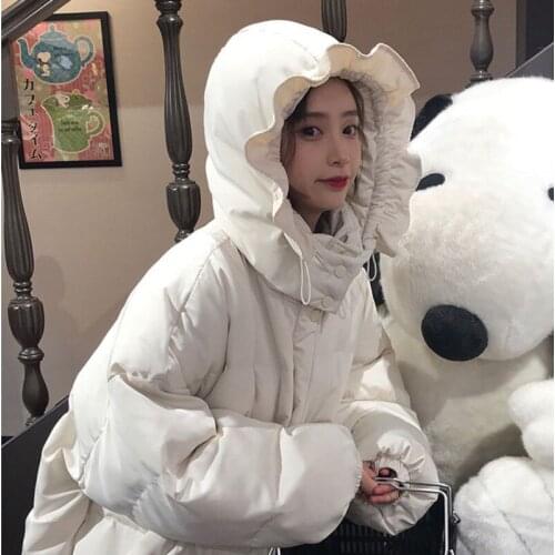 New Kawaii Coat Women Parkas Top Winter College Thick Padded Loose Cute Student Lotus Leaf Jacket Female Sweet Tide Mujer A012