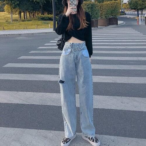 Sexy Spring Hole Ripped Jeans For Women High Elastic Light Washed Vintage Straight Wide Leg Trousers Femme Denim Jeans