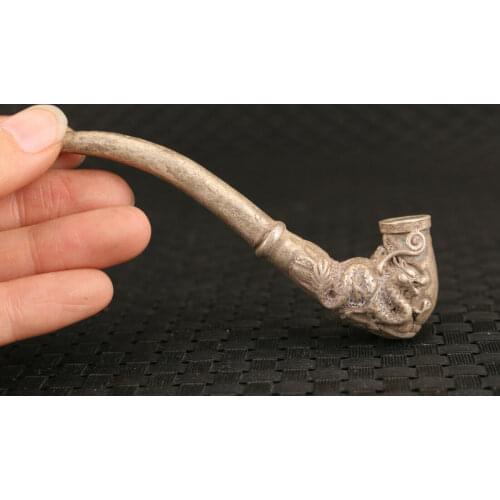 Rare chinese tibet silver hand cast dragon phoenix statue pipe smoke tool