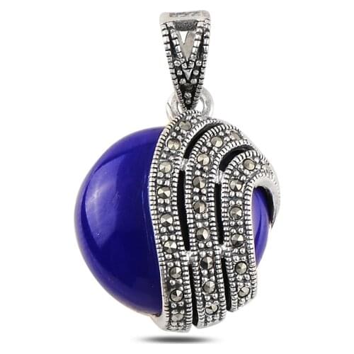 Silver 925 Sterling Lapis Lazuli & Marcasite Pendant