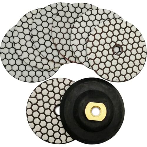 SHDIATOOL 7pcs/set 4" Mixed Grits Diamond Dry Polishing Pad plus a 5/8-11 Rubber Backer 4inch Sanding Disc For Granite Marble