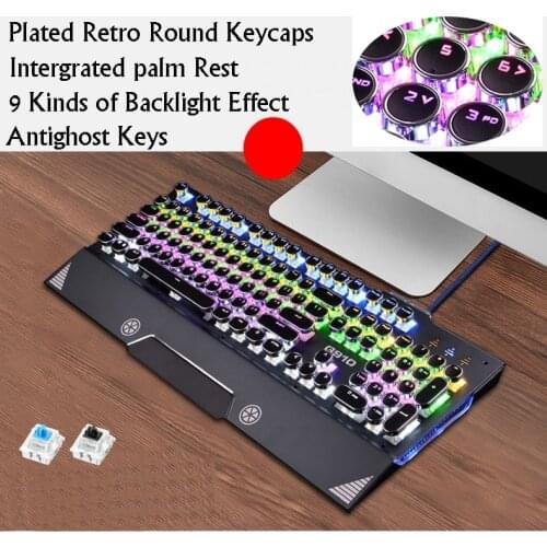 New Typewriter Retro Round Keycap Steampunk USB Wired Ergonomic Backlit Mechanical Gaming Keyboard,Intergrated Palm Rest