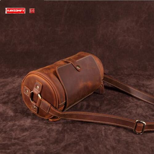 Men Bucket Bags Tide Retro Messenger Bag Cylinder Men Casual Shoulder Crossbody Bags Crazy Horse Leather Vintage Soft Versatile