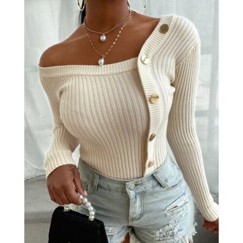 Sexy Woman Knitted Ribbed Tops Spliced Long Sleeve Strapless Buttons Decoration Sweater Blouse Autumn Winter Lady Plain Top