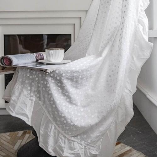 Cilected White Cotton Hollow Embroidery Ruffle Curtain Semi-Shading Living Room Bedroom Curtain Bay Window Wear Rod Curtain