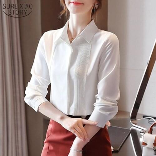 White Chiffon Womens Shirts Korean Long Sleeve Work Wear Women POLO Collar Elegant Simple Fashion Overalls for Women 10857