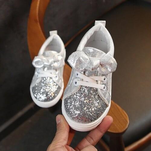3-8 years Girls Sneakers Lace Up Shoes Kids Flats Platform Shoes Girls Sliver Bling Casual Shoes children Toddler Butterfly-knot