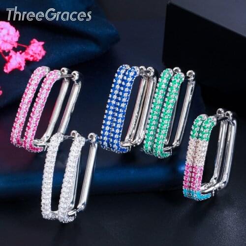 ThreeGraces Cute Multicolor Cubic Zirconia Paved Silver Color Small Rectangle Hoop Earrings for Women Femme Party Jewelry ER551