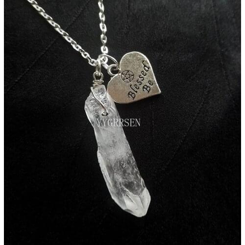 Gothic Blessed Be Crystal Necklace Wiccan Pagan Pendant Charm Creativity Witch Jewelry Raw Crystal Point Women Gift Statement