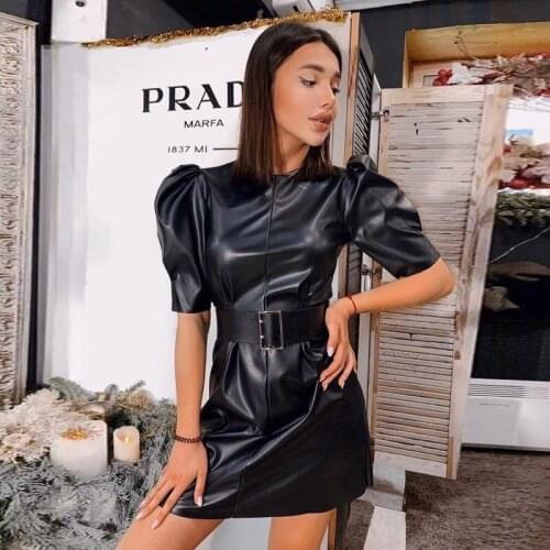 Women Vintage Black PU Mini Party Dress O Neck Puff Sleeve High Waist Drawn Back Casual Dress 2021 Spring Office Lady Prom Dress