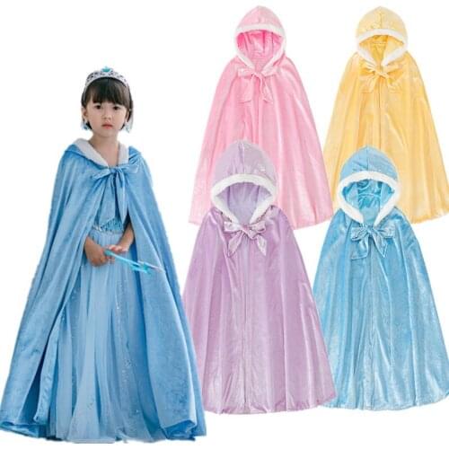 2020 Winter Girls Velvet Princess Long Cloak Fancy Fairy Cinderella Belle Aurora Rapunzel Kids Floor Length Hooded Cape crown