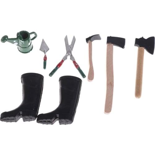 1set 1:12 Dollhouse Mini Garden Tool Watering Can Scissors Axes Shoes Doll Decor Garden Accessories