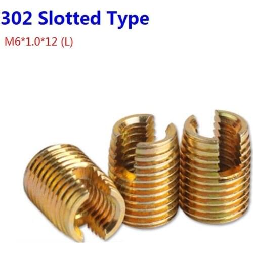 100PCS/LOT M6 Galvanized Self Tapping Insert Screw Bushing 302 Slotted Type Wire Thread Insert Nut Repair Screws M6*1.0*12 (L)