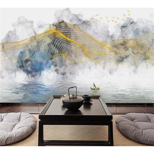 Milofi custom 3D printing wallpaper mural abstract artistic conception blue ink landscape golden line background wall