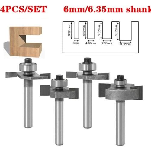 4pc 6mm 6.35mm Shank Classical T-Slot Milling Cutters C3 Carbide "T" Type Biscuit Joint Slot Cutter Wood Router Bit With Bearing
