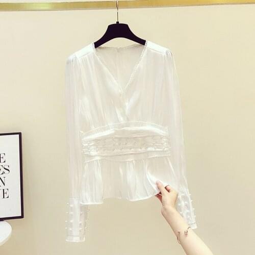 Beaded White Women Blouse Fashion Chiffon V-Neck Long-Sleeved Slim Office Lady Elegant Pulls Tops