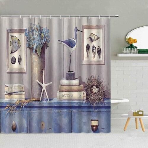 Wooden Vintage Furniture Shower Curtains Seagulls Starfish Fish Nautical World Map Bath Decor Waterproof Cloth Hooks Curtain