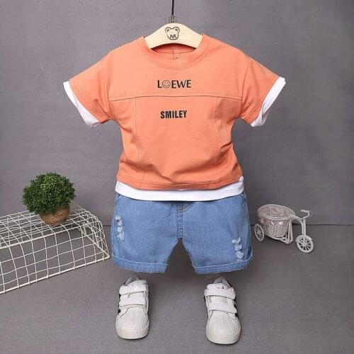 Toddler Boys Fashion Casual Clothes Sets Baby Girls Cotton Letter Print Fake Two T-Shirt+denim Shorts Kids Summer Clothing Set