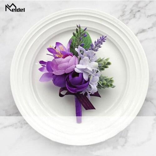 Meldel Artificial Flowers Purple Wrist Corsages Boutonniere Buttonhole Flower Cuff Bracelets Bridesmaid Silk Roses Wedding Wrist