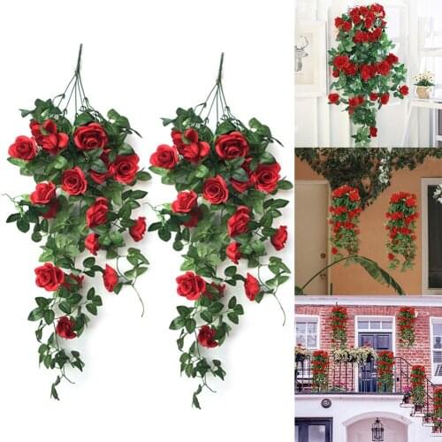 Artificial rose Fake Flowers Hanging Plant Wall Home Balcony Basket Decor Pack of 2