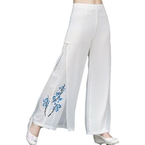 Chinese Style Floral Embroidery Casual Wide Leg Pants for Women Spring Summer Chiffon Long Trouser