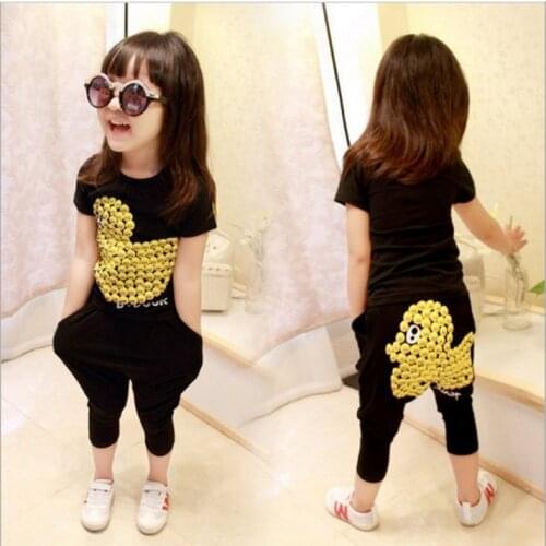 2018 boy and girl summer casual cartoon ducks suit short-sleeve+pant 2pcs per set