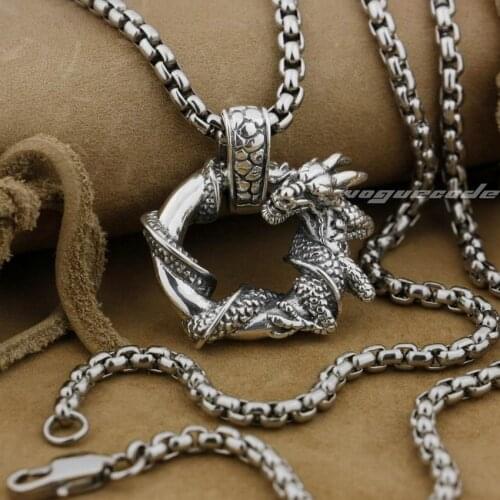 LINSION 925 Sterling Silver Round Dragon Mens Biker Rock Punk Pendant 9H019