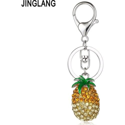 JINGLANG Silver Color Metal Keyring Dangle Crystal 3D Pineapple Fruit Charms Key Chains For Women Luxury Handbag Jewelry