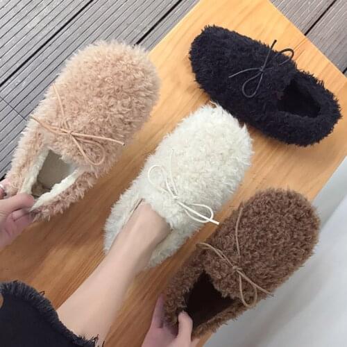 Koovan Hairy Shoes Female Winter 2018 New Pedal Scoop Shoes Flat Bottom Plus Velvet Warm Student Bean Shoes For Women